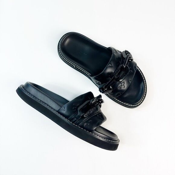 LOUIS VUITTON Sunset Flat Comfort Mule Slide Sandal Size 39 Black Monogram - Picture 14 of 15